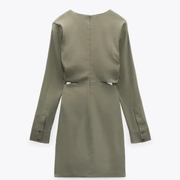 Zara Olive Green Linen Cut Out Mini Dress Size XS - Picture 5 of 12